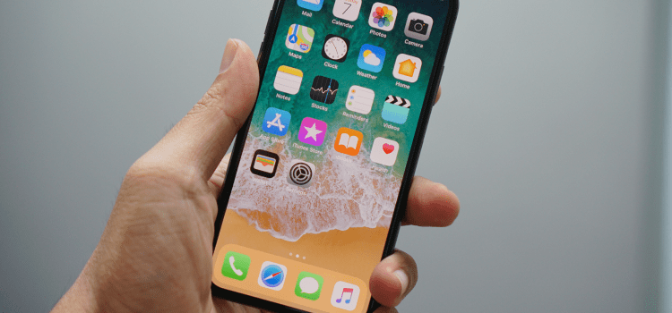 holding iphone in hand with apps on homescreen